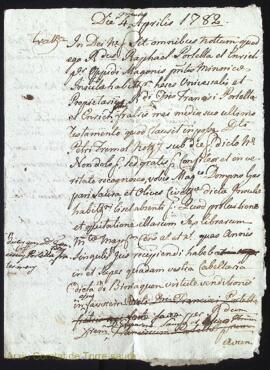 Acta del Magh. Gaspar Saura y Olives de 6 lliures cens quita al Rt. Rafel Portella als 4 Abril 1782