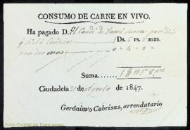 Rebut d'arbitri de consum de carn en viu, signat per l'arrendatari Jeroni Cabrisas