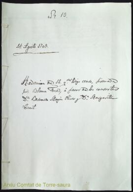 Redención de 12 quarteras trigo censo, firmada por Blanca ferrer, á favor de los consortes Dn. Be...