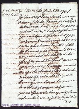 Regonaxensa firmada per Geroni Andreu a favor de sa muller Maria Sintes als 25 de Juriol de 1798 ...