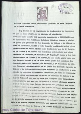 Auto emès pel secretari del jutjat de 1ª instància Enrique Clariana Marin a petició de Bernardo I...