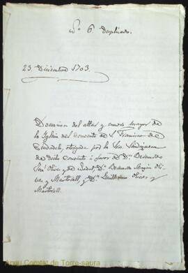 Donación del altar y cuadro mayor de la Iglesia del Convento de S. Francisco de Ciudadela, otorga...