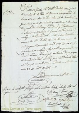Acta de la Quintana del Sant Antoni ha acquirit Josef Salord y Segui de D. Andreu Escudero, 30 Se...