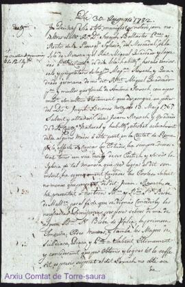 Titol de Patrimoni firmat a favor de Joan Rexach als 30 Agost 1782