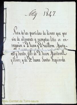 Nota de las partidas de diner que per via de aliments y sumptus litis se entregaran a D. Juan y D...