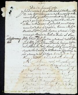 Spolit de Margarita Mercadal donzella ab Pere Alles viudo als 12 Janer 1767 / Violari firmat per ...
