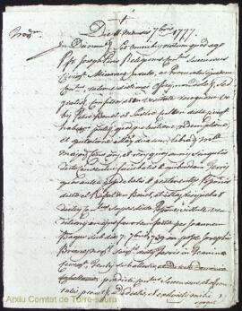 Quitament de 2 cents lliures cens fet per Pere Bonet al Convent del Socors als 11 Setembre 1777 /...