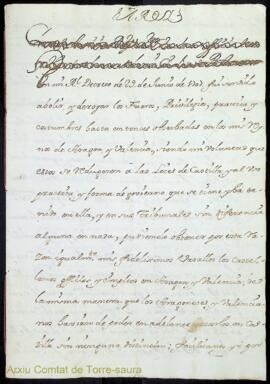 Còpia d'un escrit emès per rei d'Espanya en relació al decret de 29 de juny de 1707 d'abolició de...
