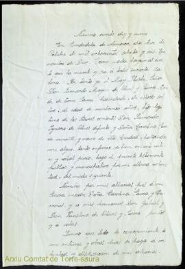 Testament incomplet de Bernardo Magín Olives i Saura, tercer comte de Torre-saura