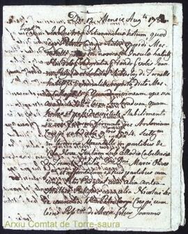 Acta de Joan Payeres de una viña comprá á Pere Camps dia 12 Agost 1782. Acta de una viña que Pere...