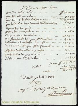 Justificants i rebuts de compres i despeses diverses corresponents a l'any 1851 realitzades pel c...