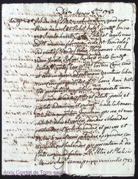 Acta de 3 quarteras blat cens vené Pere Tremol notari a Eleonor Bonnin als 7 Octubre 1782