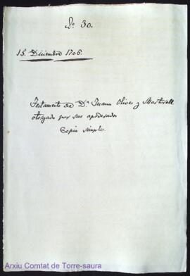 Testamento de Dª Juana Olives y Martorell otorgado por sus apoderados. Copia simple