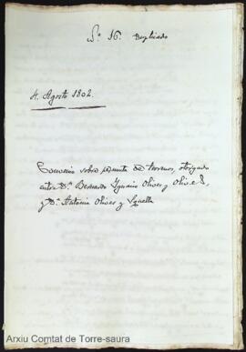 Convenio sobre permuta de terrenos, otorgado entre D. Bernardo Ignacio Olives y Olives, y Dª Anto...