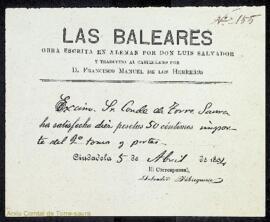 Rebut de compra del segon tom i parts de l'obra de Lluís Salvador d'Àustria, traduïda al castellà...