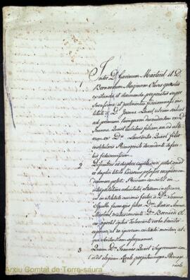 Document al voltant d'una causa judicial entre Bernardo Magín Olives i Martorell i Gabino Martore...