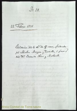 Redención de 3 libras 10 sueldos censo, firmada por Sebastina Marques y Comellas, á favor de Dn. ...