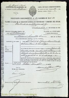 Rebuts de pagaments realitzats per Gabriel Olives i Saura, quart comte de Torre-saura, de valors ...