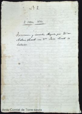 Transacción y concordia otorgada por D. Antonio Quart con D. Juan Quart su hermano, dia 2 de octu...