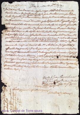 Acta de Llorens Sastre de 65 lliures cens ha quitat al Convent de Sta Clara als 9 Octubre 1797