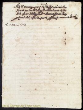 Acte de encarregament de 62 lliures cens ab sola rebuda firmat per los Mt. Maghs Señors Jurats de...