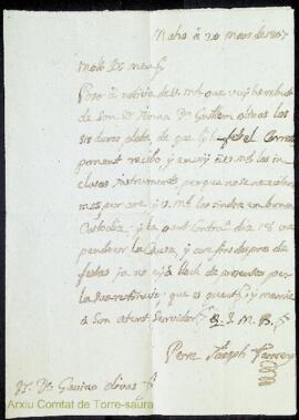Carta emesa per Pere Josep Ferrer adreçada a Gabino Olives i Olives en relació a haver rebut sis ...