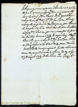 Rebut de lliurament de dotze quarteres de blat en concepte de pensió corresponent a l'any 1718 a ...