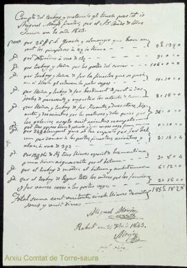 Compte del trebay y meterials que tinch prestat io Miguel Manjo fuster per el Sr. Conde de Torre ...