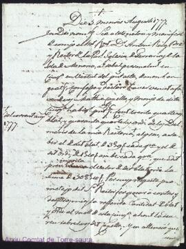 Confesio y promesa feta per el Rector de Ferreria a favor de Mathia Capella als 5 Agost 1777