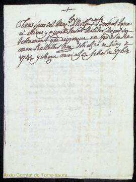 Obras pías del Magch. y Noble Dn. Bernat Ignaci Olives y Quart Jurat Militar segons son testament...