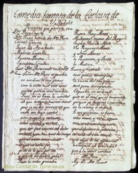 Quadern manuscrit de Gabino Olives i Olives amb el títol Comedia famosa de la esclava de Valladolit