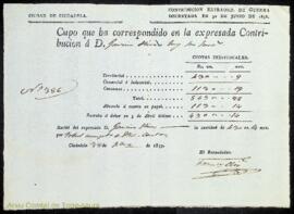 Rebut de la contribució extraordinària de guerra, decretada el 30 de juny de 1838, a nom de Gabin...
