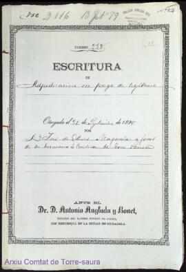 Escritura de adjudicación en pago de legítima otorgada el 21 de septiembre de 1898 por D. José de...