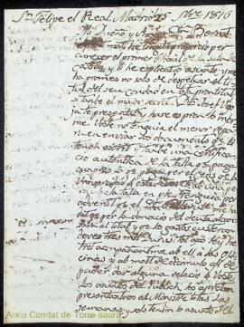 Correspondència emesa per Nicolàs Ferrer des de Madrid adreçada a Bernardo Ignacio Olives i Olive...