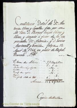 Constitució Dotál de Dª Antonia Olives y Squella feta per son Señor Pare D. Bernat Joseph Olives ...
