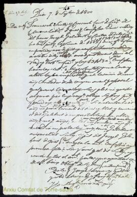 Debitori firmat per Francesc Sintes conredor a favor del honor Joseph Gelabert als 7 Setembre 1800