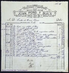 Comptes, factures i justificants de pagament de compres diverses i de feines de llauner, manobre,...