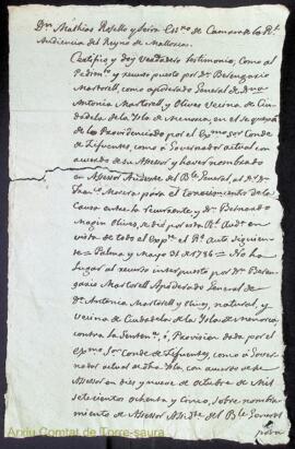 Certificat emès per Matias Rosselló i Serra, de la Reial Audiència del Regne de Mallorca, de que ...