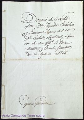 Donació de la Noble Sra. Dª Agueda Gomila y Guevara, Esposa del Sr. D. Gabriel Martorell, à favor...