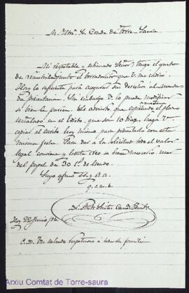 Carta emesa pel canonge Antoni Sintes adreçada a Gabriel Olives i Saura, quart comte de Torre-sau...